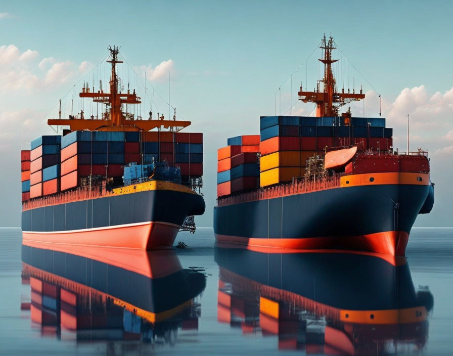 Colorful containers reflected on water from two large cargo ships