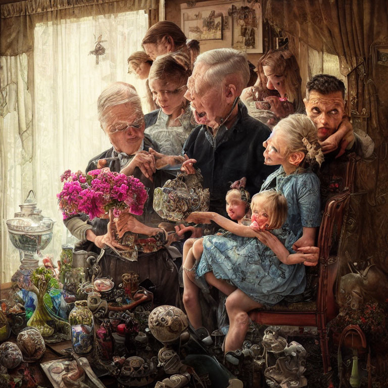 Detailed antique-filled room with smiling family and pink flower bouquet