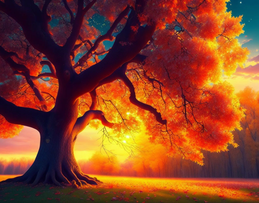 Majestic tree with vibrant orange leaves in tranquil forest