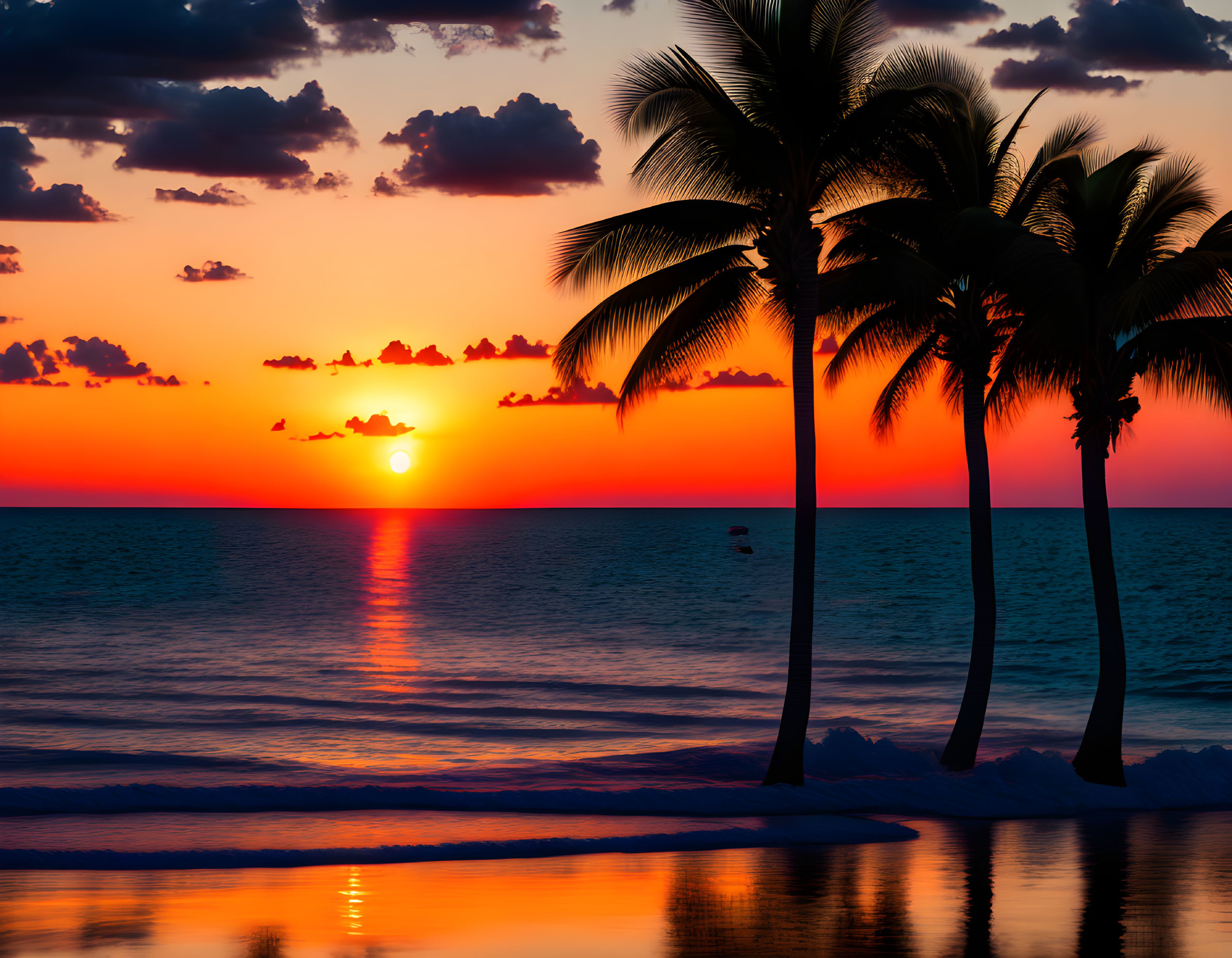 Scenic tropical beach sunset with palm tree silhouettes.