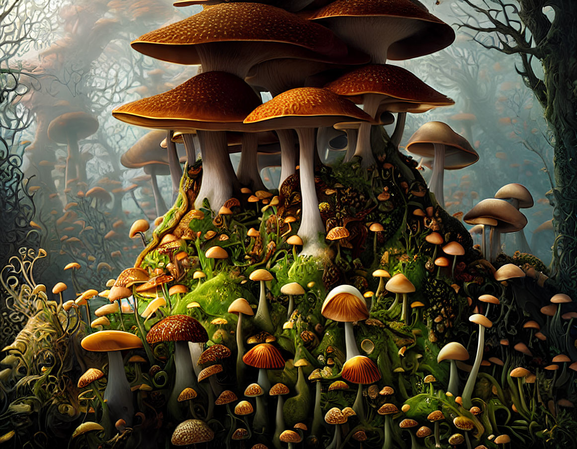 Enchanting forest scene with towering mushrooms and foggy background