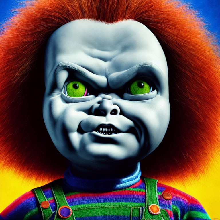 Sinister Chucky Doll Close-Up with Green Eyes and Orange Hair