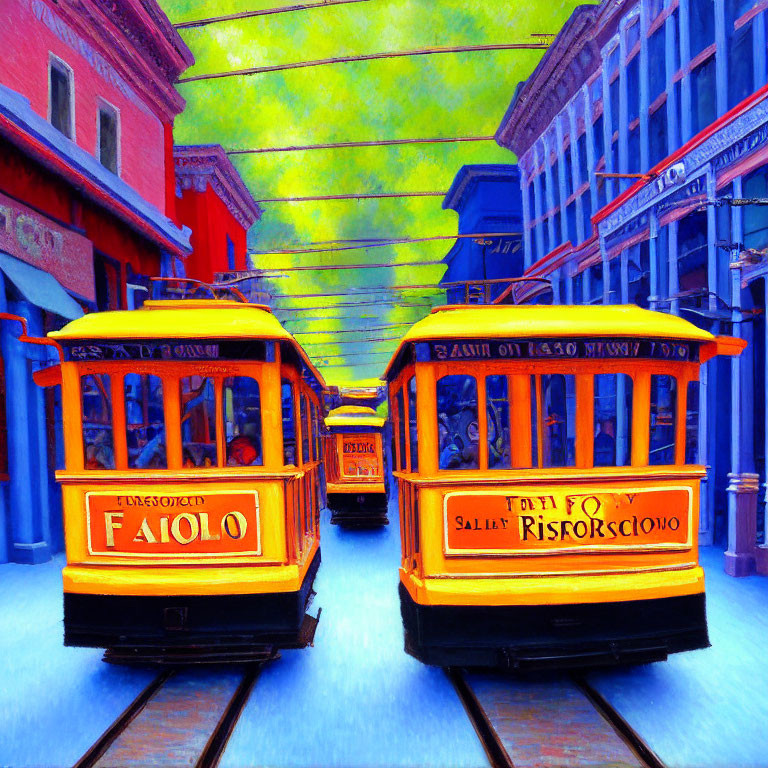 Colorful depiction of yellow trams on street with blue buildings under greenish-yellow sky