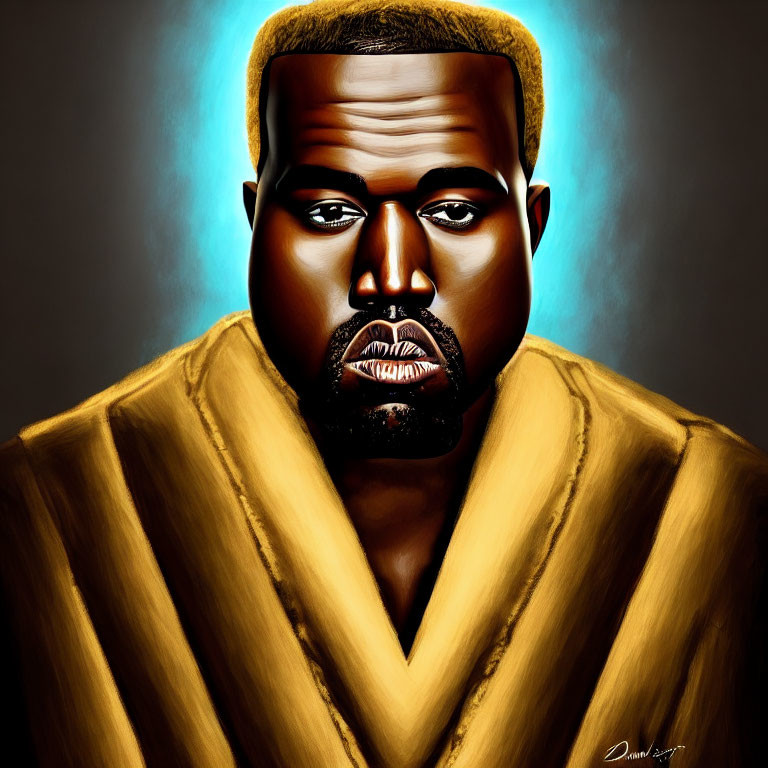 Digital portrait of man in golden outfit on blue background