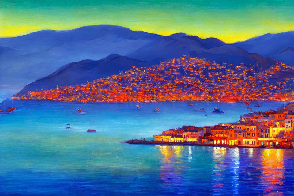 Scenic coastal town painting at dusk with warm lights and serene waters