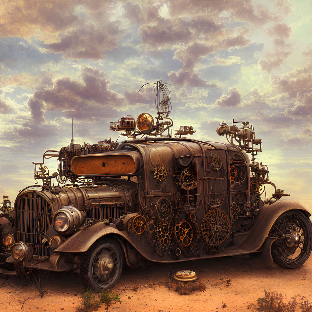 Steampunk-themed retro-futuristic car in desert landscape