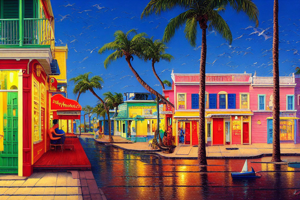 Colorful Street Scene with Palm Trees, Buildings, and Waterway
