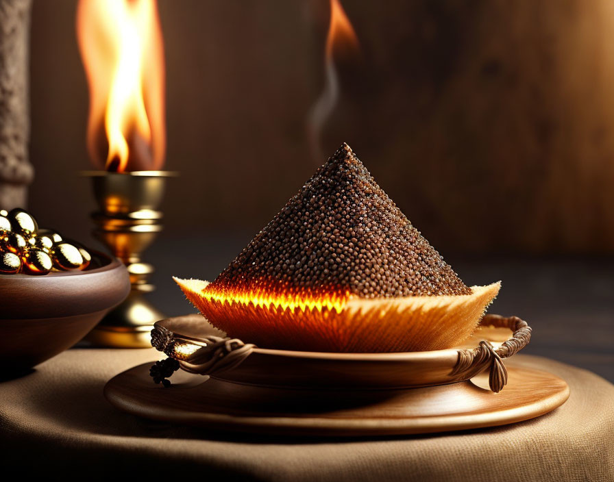 Pyramid of Black Peppercorns with Burning Flame on Woven Tray