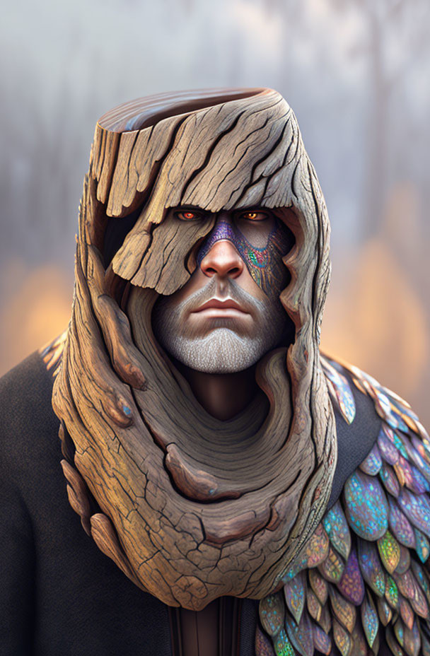 Colorful mask and cloak with face paint in misty setting