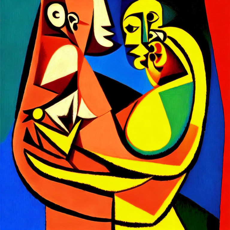 Vibrant Cubist painting with bold colors and fragmented forms of a figure holding a guitar
