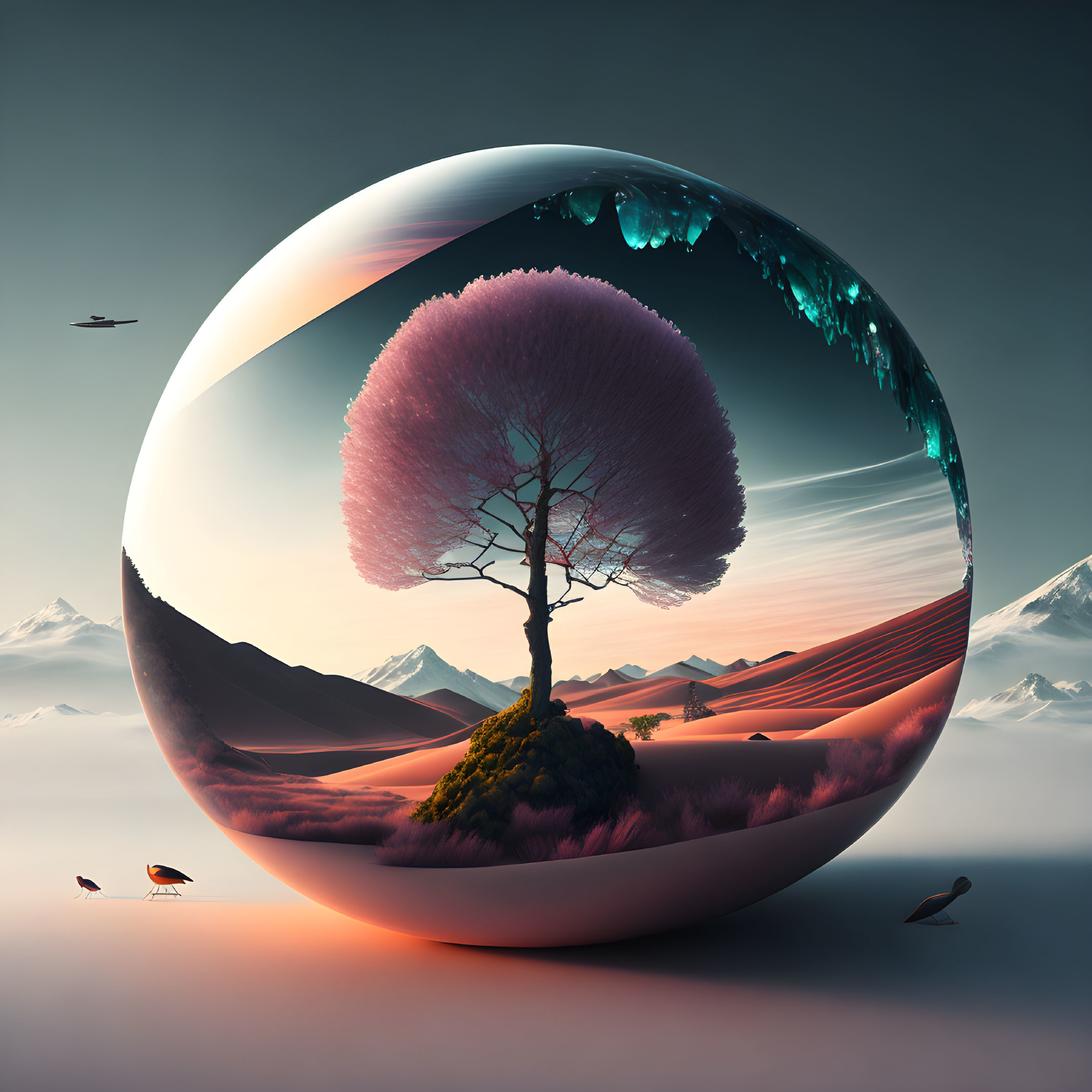 Surreal landscape with tree in sphere, reflecting alternate reality against mountains, sand dunes, and