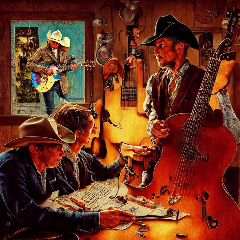 Colorful Western Scene with Four Individuals Playing Guitars and Examining Saddle