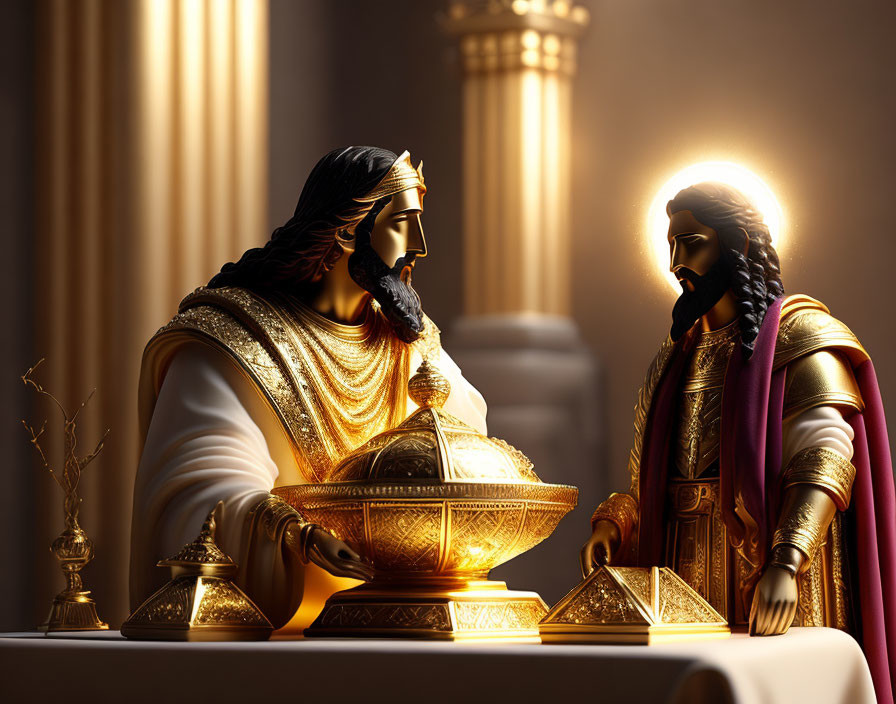 Regal figures in historical attire discuss at table with golden artifacts.