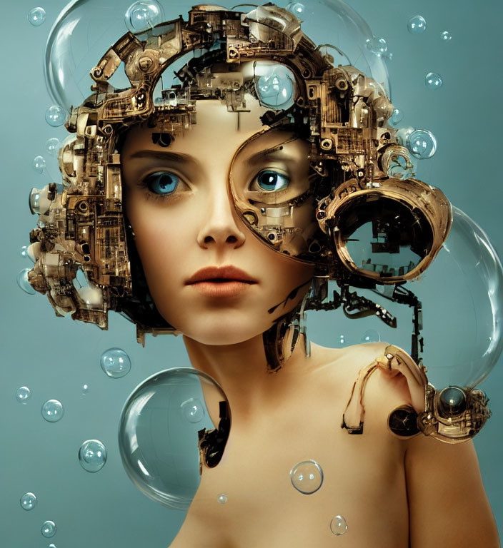 Female Figure with Mechanical Headpiece Surrounded by Bubbles on Teal Background