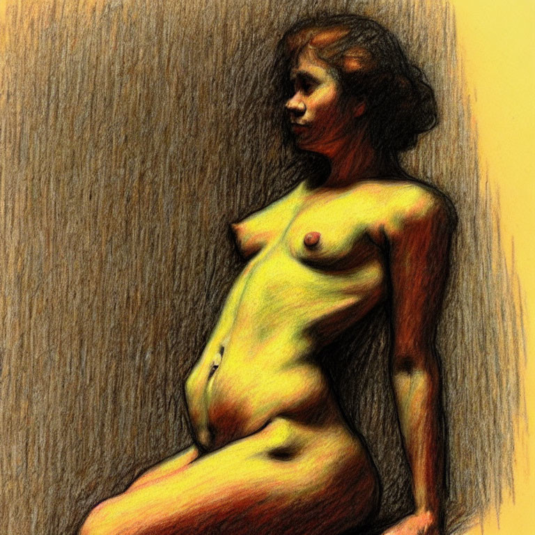 Seated nude female figure in colored pencil on textured paper