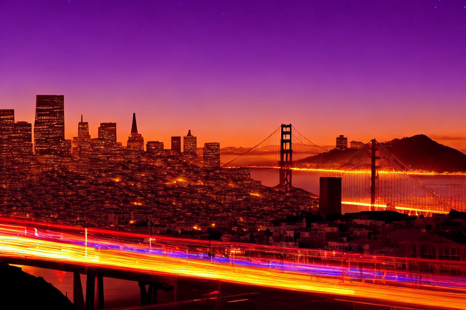 Cityscape with Golden Gate Bridge at Dusk and Light Trails