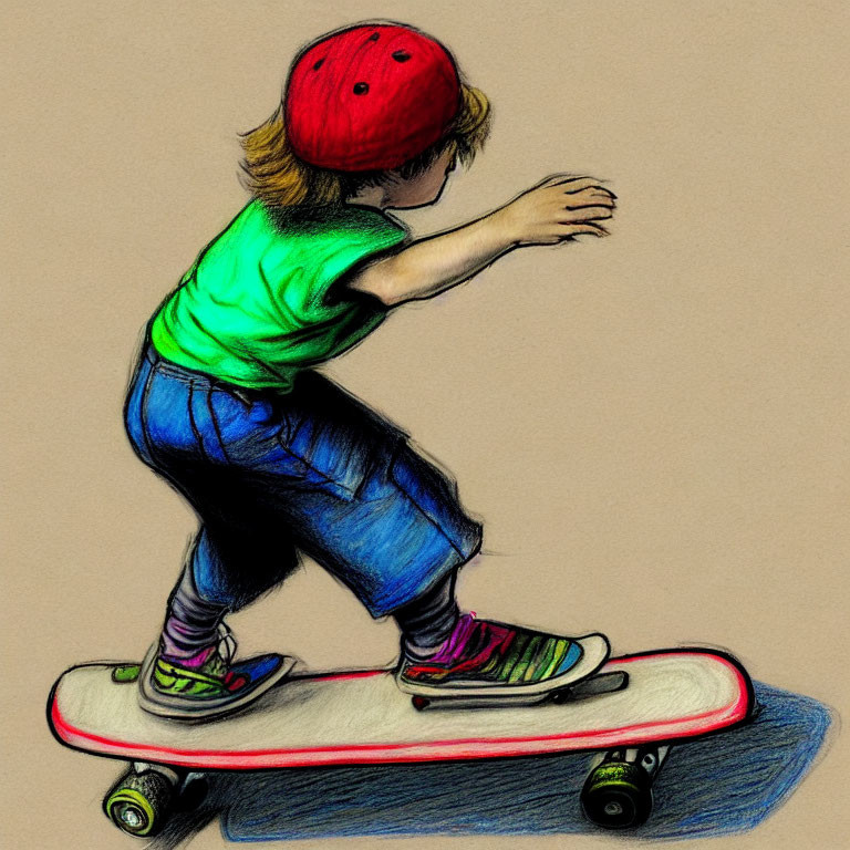 Child skateboarding sketch with red helmet in colored pencil