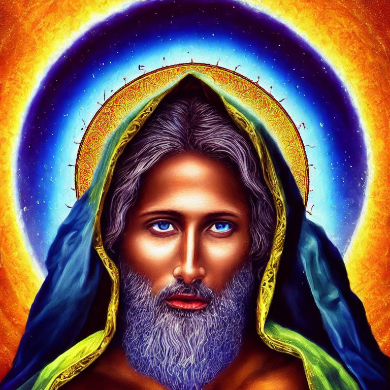 Colorful portrait of bearded individual with intense blue eyes in green and golden attire