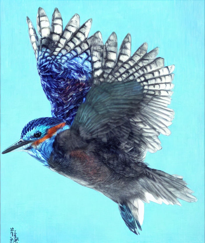 Detailed blue kingfisher painting with spread wings on light blue background