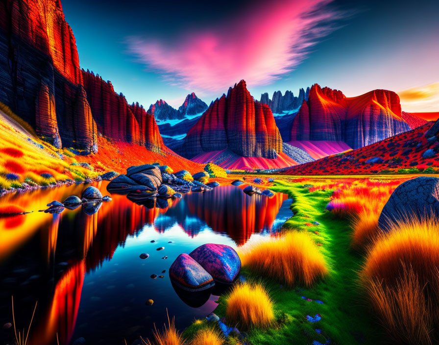 Colorful landscape with reflective river, red cliffs, and green grass.