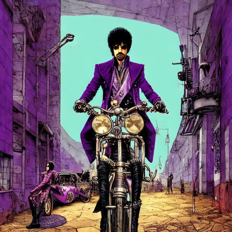 Stylized illustration of person with afro on motorcycle in purple suit, urban backdrop.