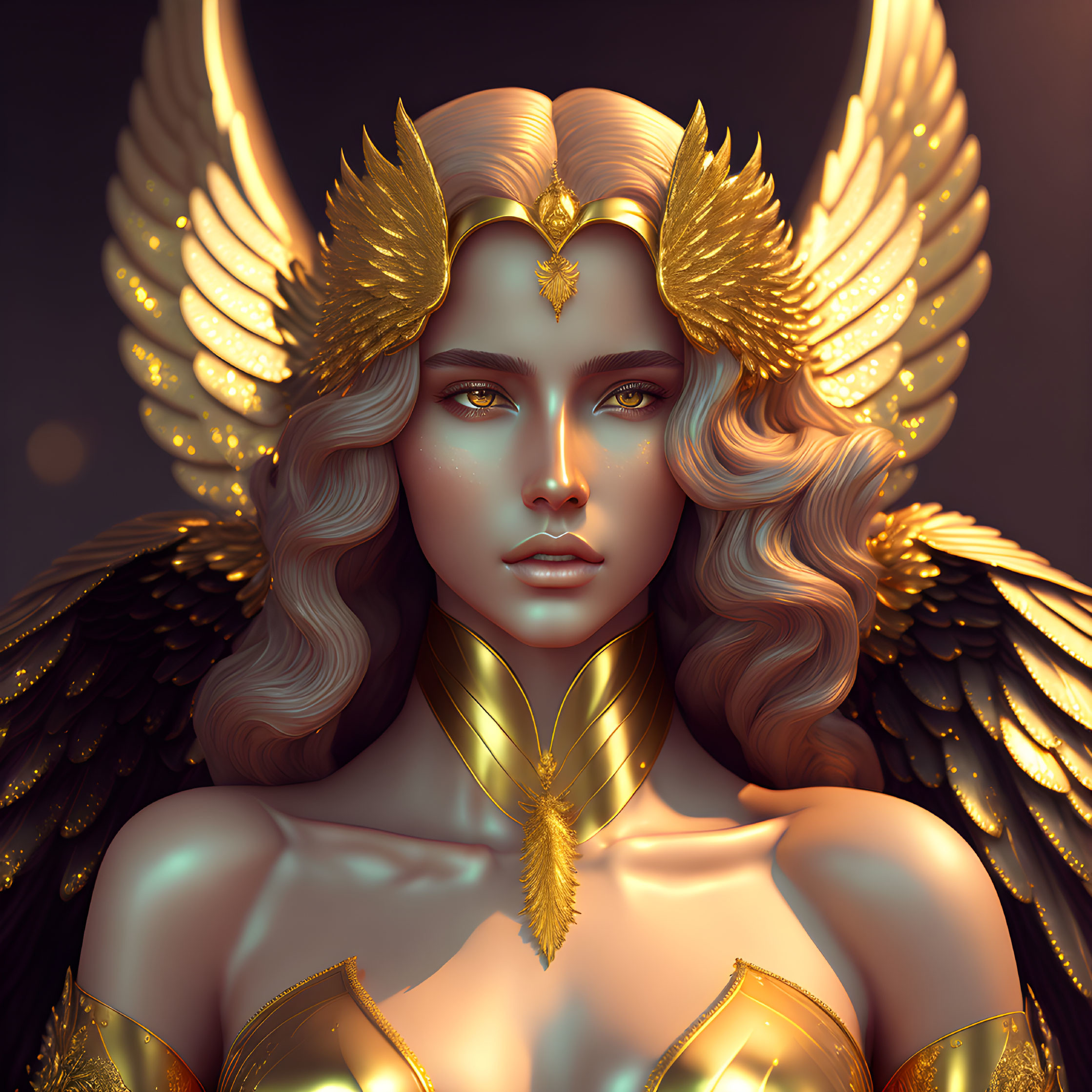 Fantasy-inspired illustration of a woman with gold feathered wings and armor