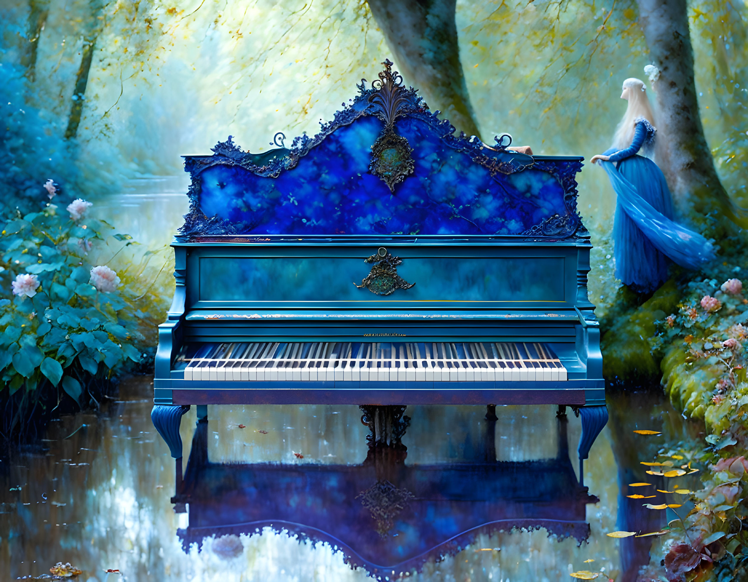 Ornate blue piano in misty forest with woman in flowing dress