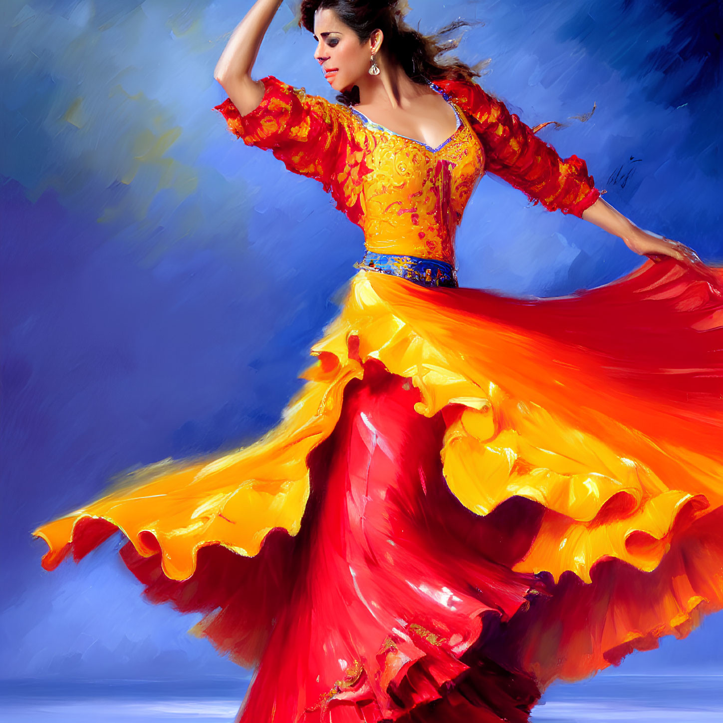 Colorful painting of woman dancing in red and yellow dress on blue background