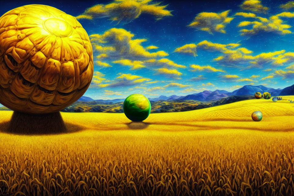 Surreal landscape with oversized fruits in golden wheat field