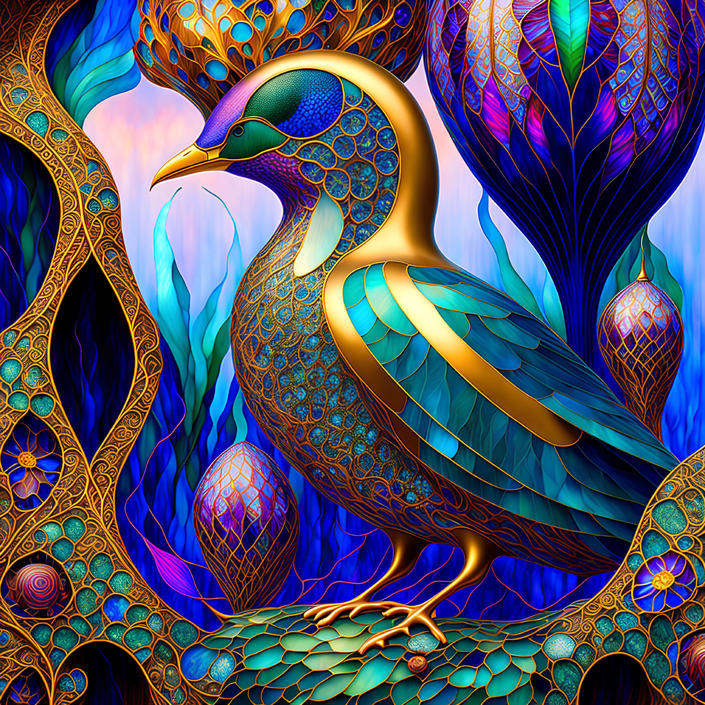 Colorful Peacock Illustration with Intricate Patterns and Ornate Flora