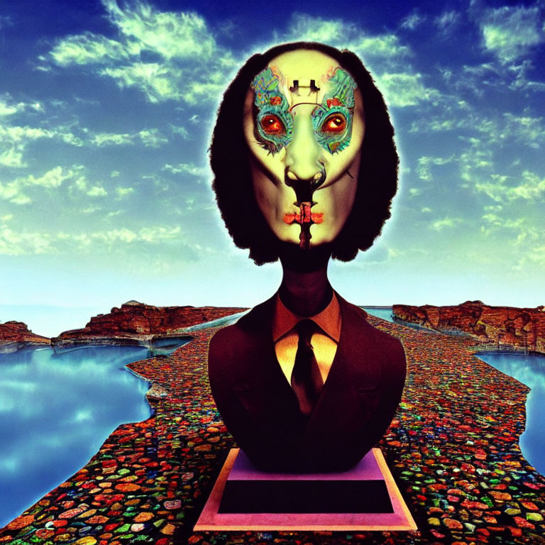 Colorful surreal humanoid bust with mechanical head in rocky landscape