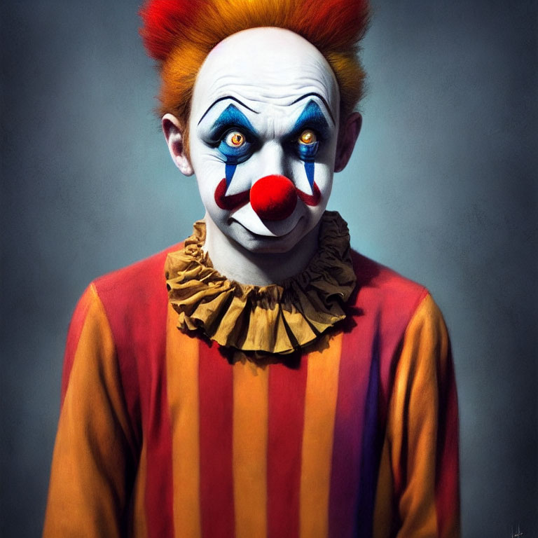 Colorful Clown with Red Hair and Striped Costume