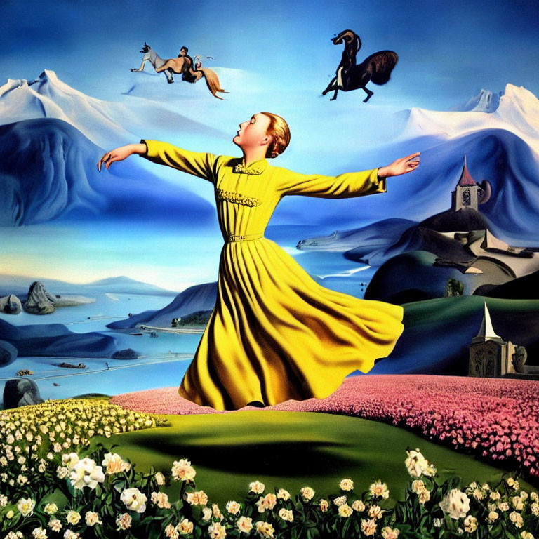 Vibrant landscape with woman in yellow dress and flying horses