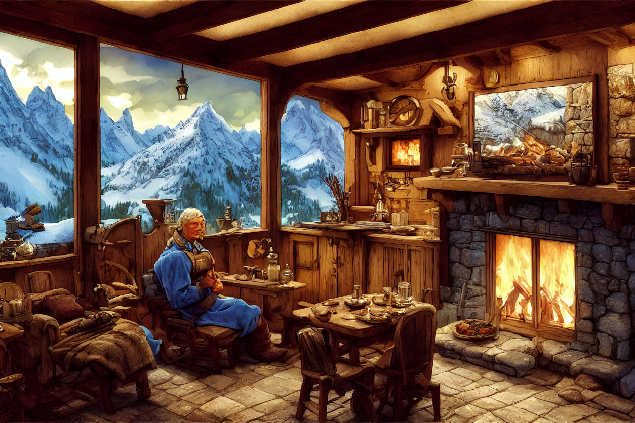 Rustic cabin interior with fireplace, stove, and mountain views