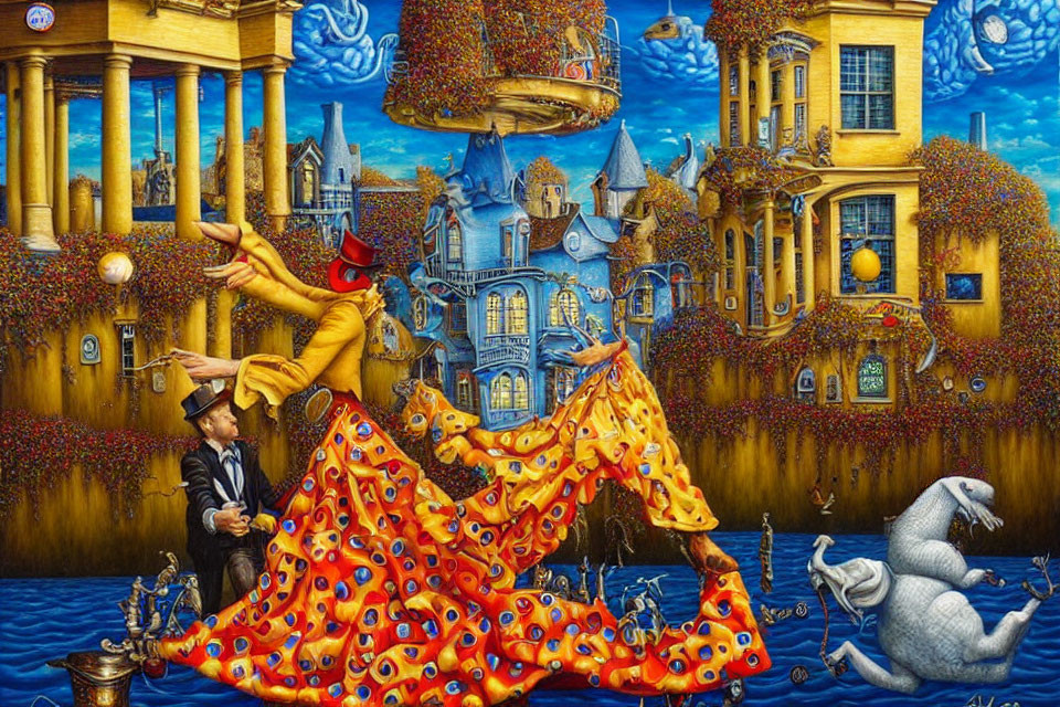 Vibrant surreal artwork: floating buildings, woman in flowy dress, men, fox head,