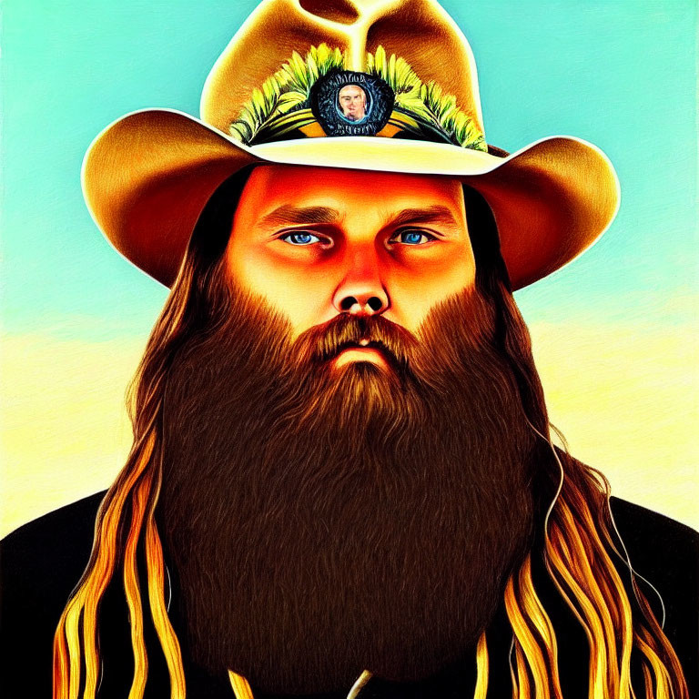 Stylized portrait of man with long beard and cowboy hat on teal background