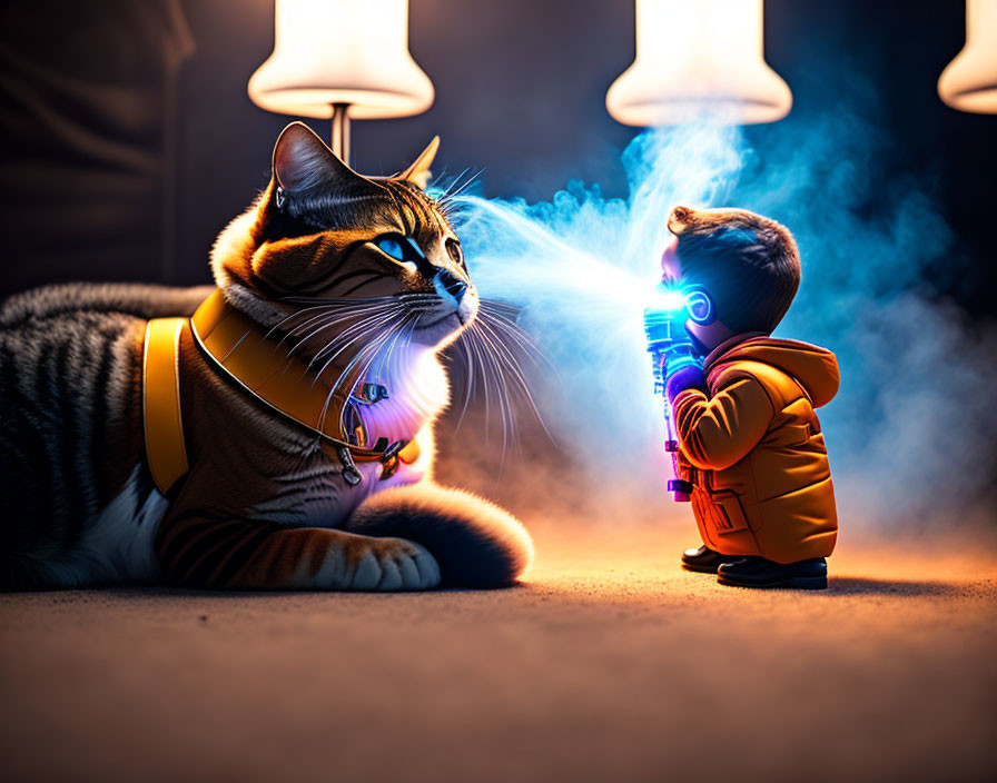 Animated small person in orange jacket faces large cat with collar under lamps in whimsical face-off with blue