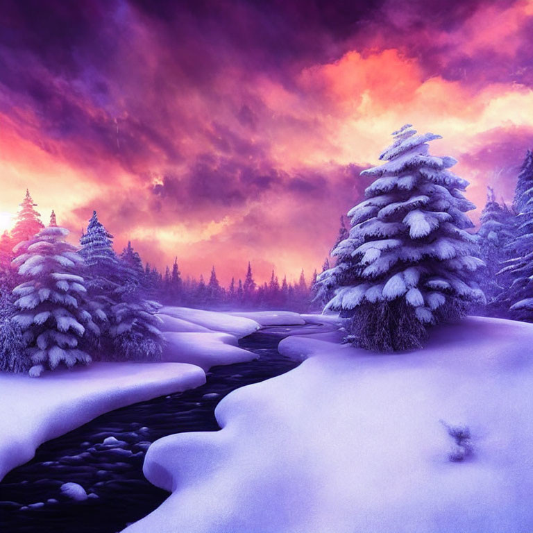 Majestic snow-covered pine trees by winding stream at purple sunset