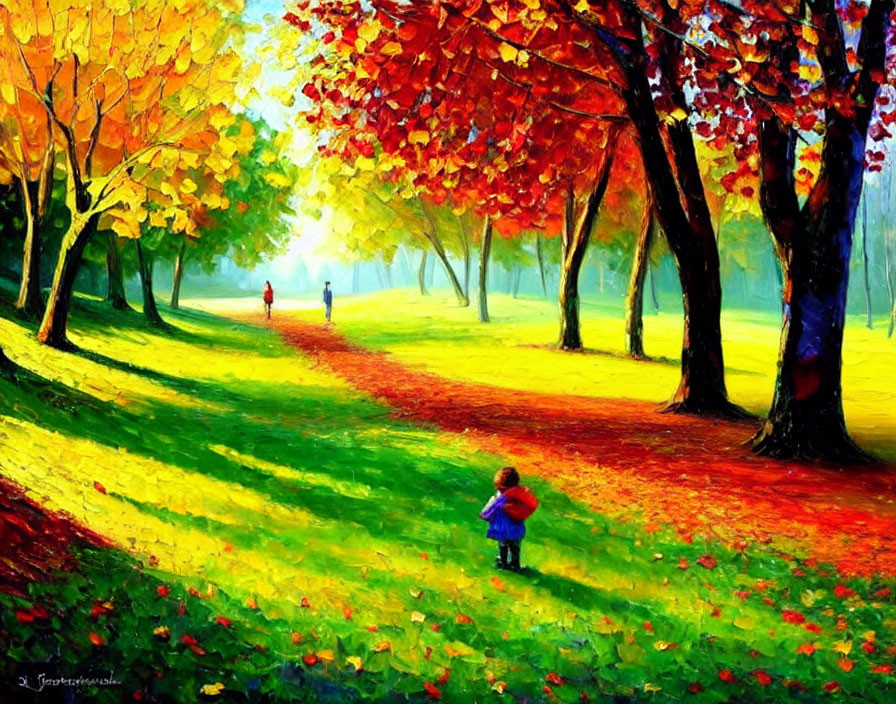 Colorful autumn park scene with child and figure walking away