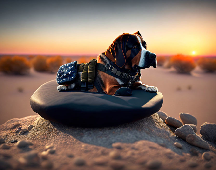 Dog wearing backpack and spaceman helmet on desert rock at sunset