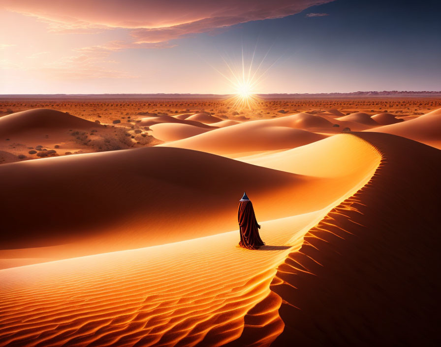 Traditional robed person on sand dune at dramatic desert sunset