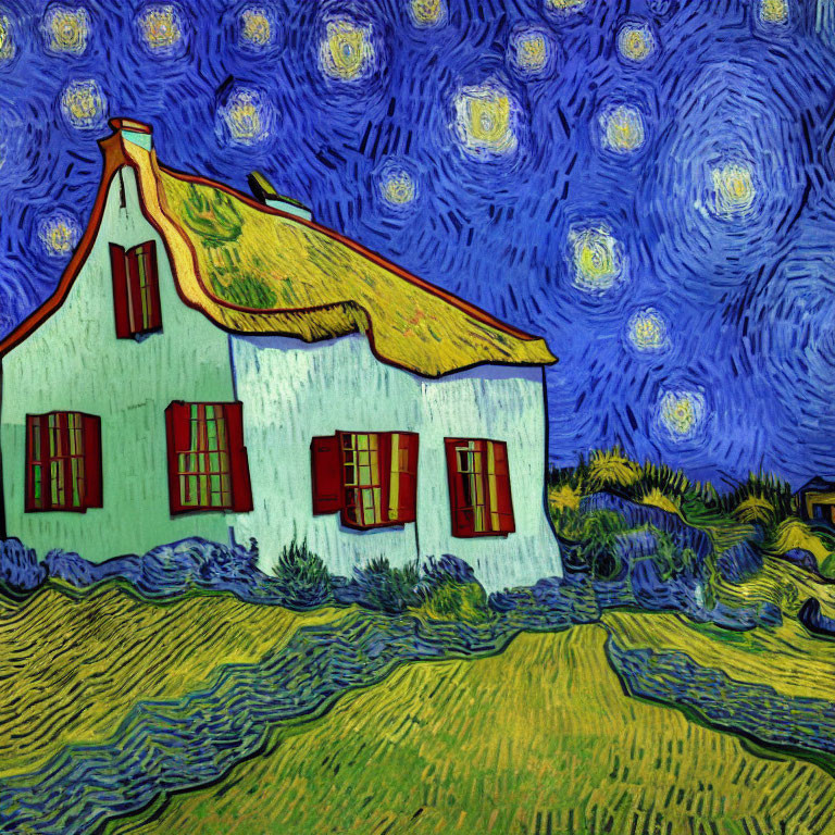 Vibrant painting of starry night with swirling blue sky and quaint house