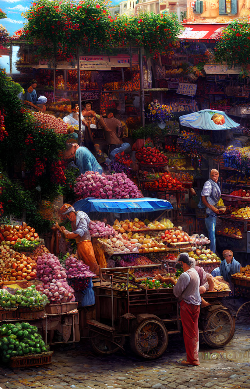 Vibrant fruits and vegetables at bustling market scene