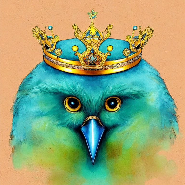 Detailed Illustration: Blue Bird with Golden Crown on Tan Background