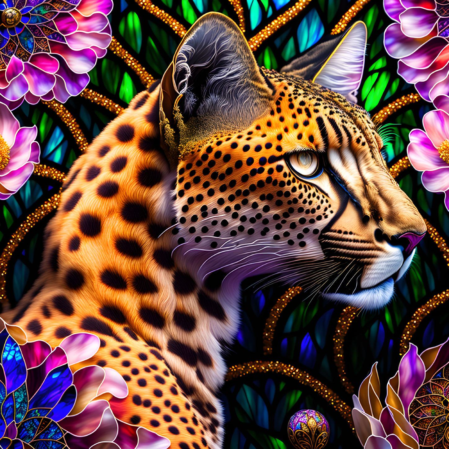 Leopard illustration with colorful stained glass-style background
