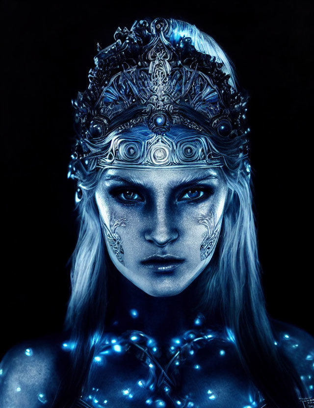 Blue-Toned Skin Figure with Silver Headgear and Luminous Dots