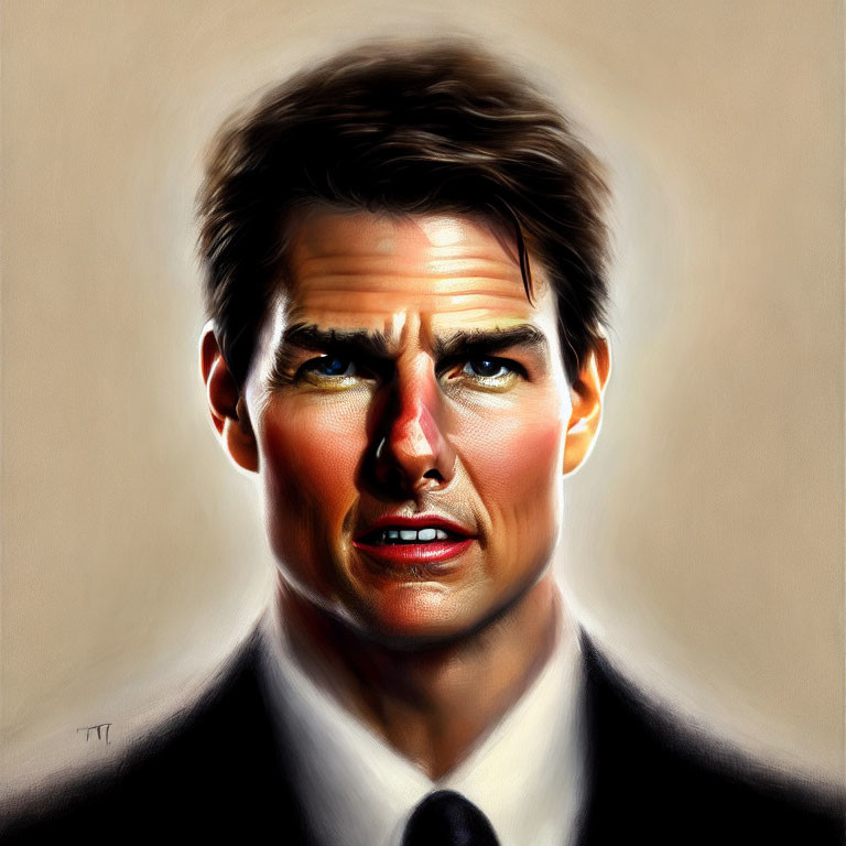 Detailed digital portrait of a man with dark hair and blue eyes in a black suit