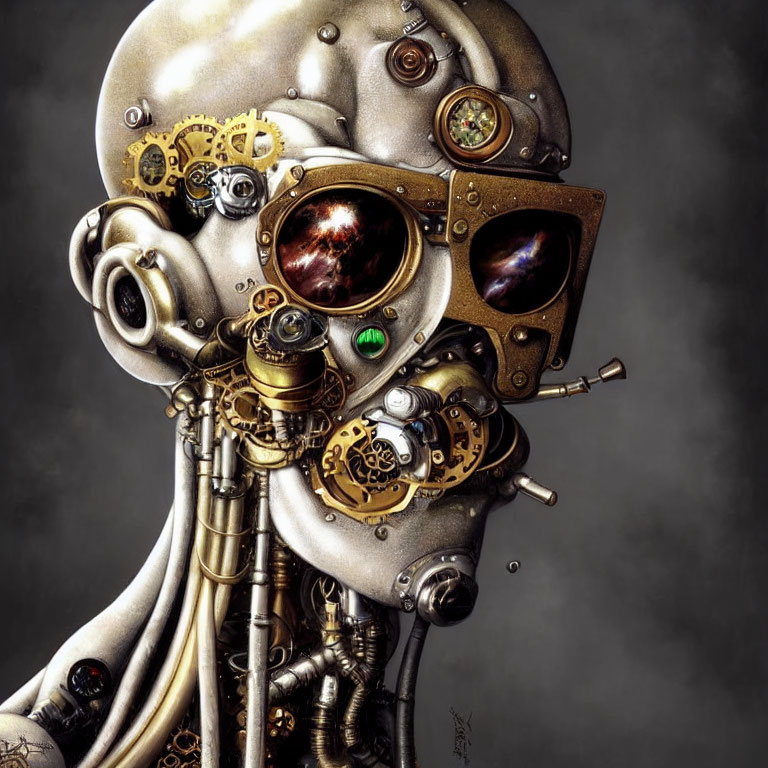 Detailed Steampunk-Style Humanoid Figure with Mechanical Head and Dark Backdrop