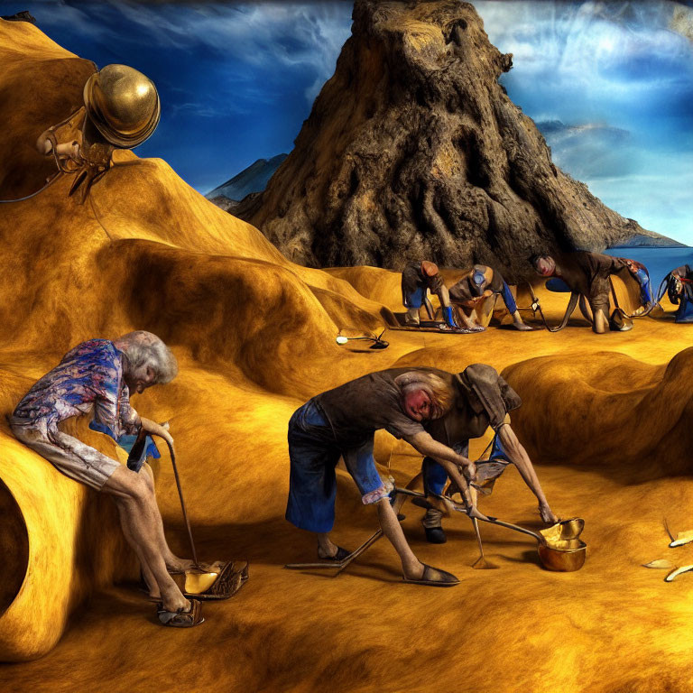 Elderly People Digging into Massive Golden Surface with Ant in Surreal Mountain Scene