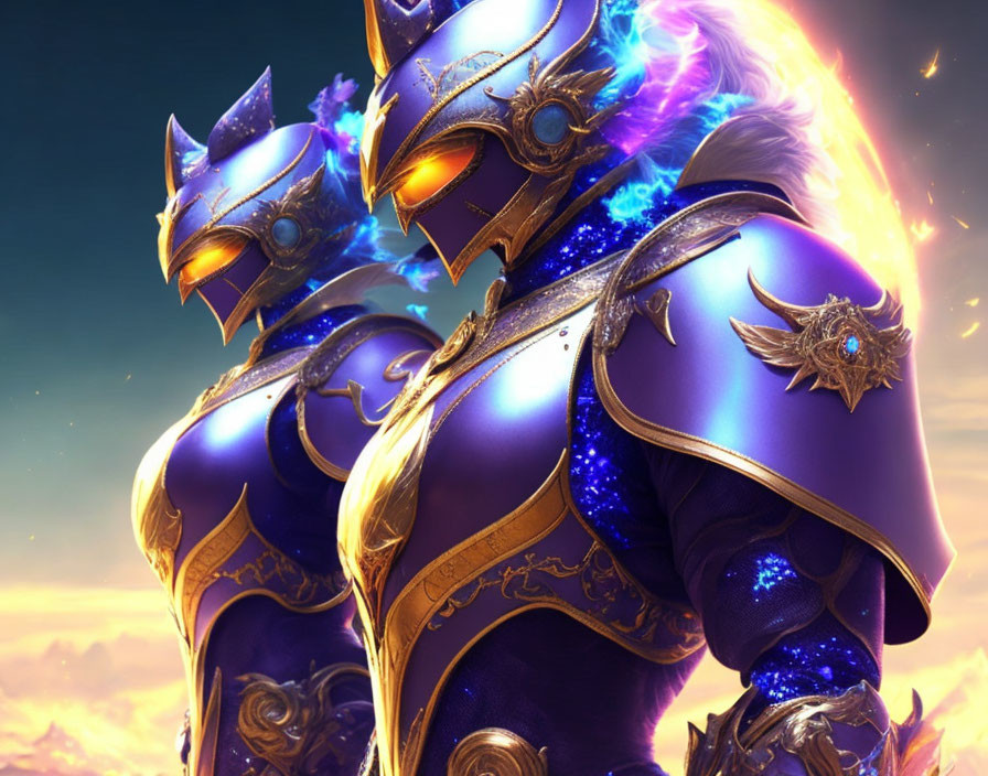 Cosmic-themed knight in ornate armor with starfield and lion motifs against fiery sky.